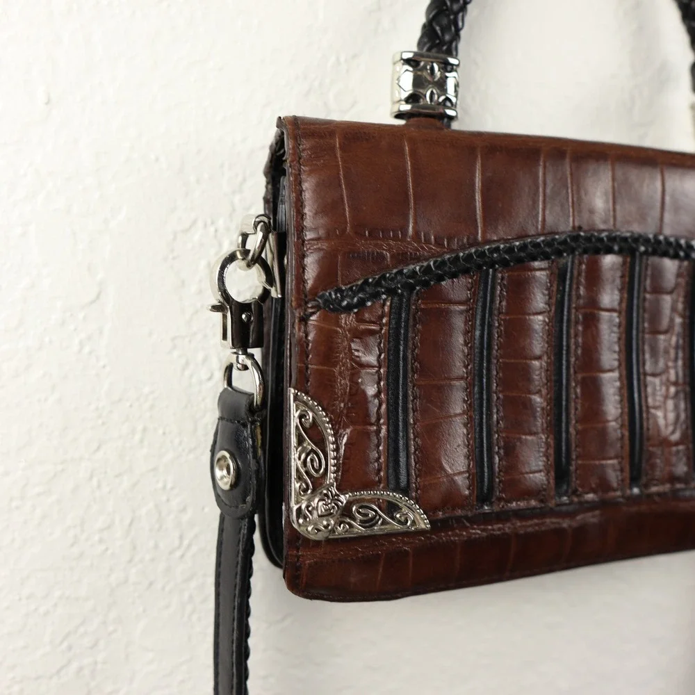 Mark Chantal Y2K 90s Dark Brown Croc Embossed Handbag Heart Charm Clutch Crssbdy